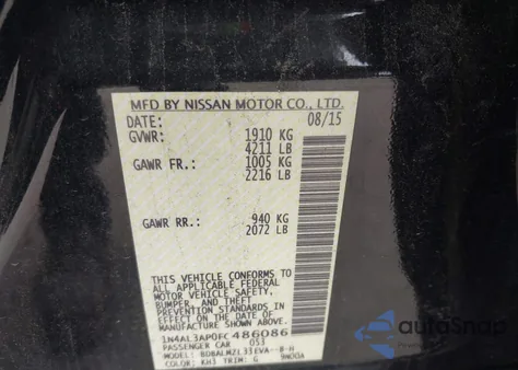 2015 Nissan Altima 2.5 Sv z USA, uszkodzony, nr VIN 1N4AL3AP0FC486086